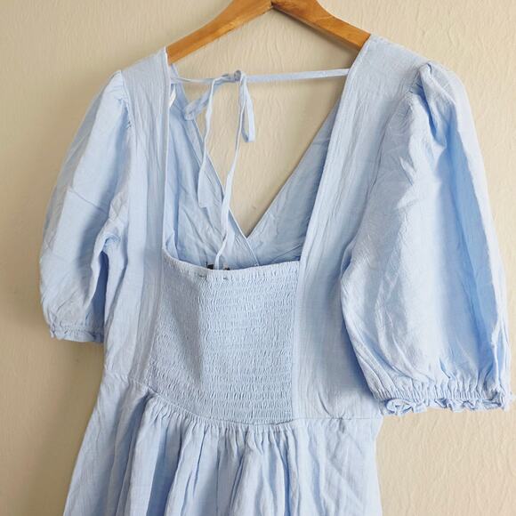 Lulus Dreaming of Paris Blue Puff Sleeve Mini Dress - Cotton Skater Pockets L - Picture 11 of 13